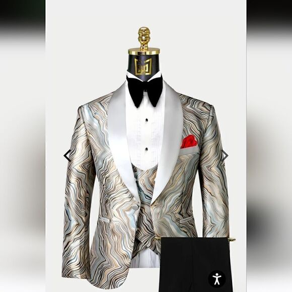Gentlemens guru  abstract print gold and champagne tuxedo jacket and vest - Picture 1 of 16